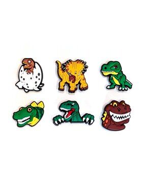 COLORFUL DINOSAUR SHOE CHARM COLLECTION (Pack of 6) Fits Both Shoelaces & Clogs